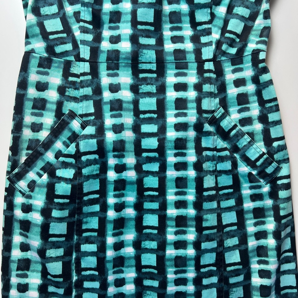 Marvin Richards Cotton Sheath Dress Teal Abstract Print Utility Pockets Size 4 - Picture 8 of 13